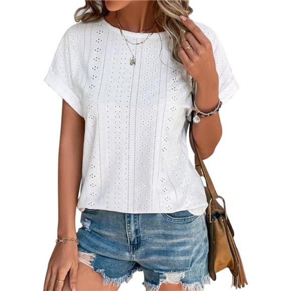 Eyelet Embroidery Top Summer Curved Hem Batwing Sleeve